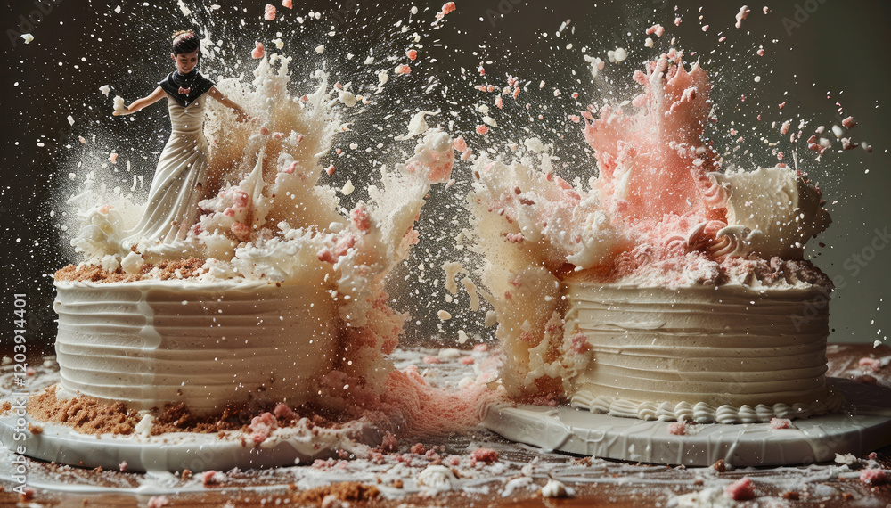 Aufkleber two wedding cakes with bride and groom cake toppers, the cake fly into each other and smash in mid-f