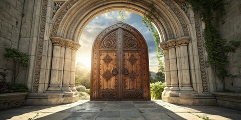 Obraz premium Ornate Stone Archway Entrance with Intricate Wooden Door - Stock Photo
