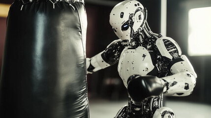 A humanoid robot boxing with a punching bag, its movements precise and powerful