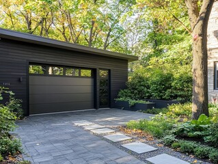 Fototapeta premium Modern Garage with Stone Path: A contemporary, minimalist garage featuring a sleek black exterior with a large windowed garage door, set against a backdrop of lush greenery and a stone pathway.