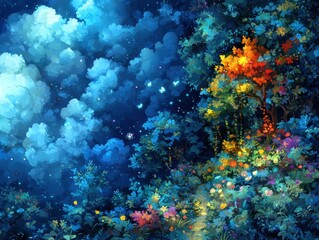 Fototapeta premium A futuristic botanical garden floating above a sea of glowing clouds. Radiant plants and glowing vines grow along golden pathways, while bioluminescent flowers emit soothing hues of teal and 