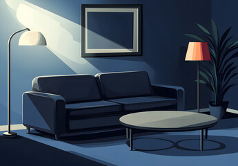 Minimalist Living Room with Dark Sofa and Table Lamp