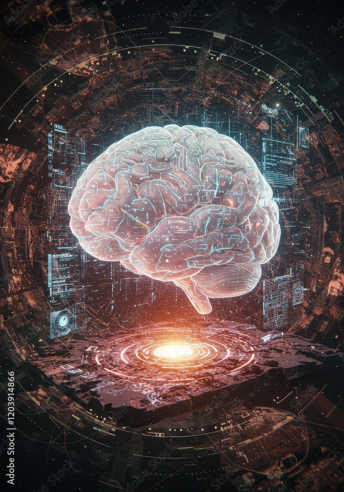 Poster digital brain with circuit, concept of artificial intelligence