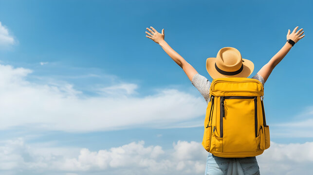 Woman backpacker celebrates scenic view, arms raised, blue sky background. Ideal for travel blogs, adventure articles