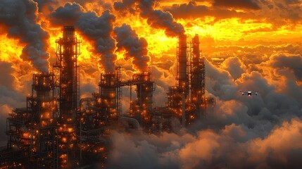 Fototapeta premium A futuristic industrial district background bathed in neon light. Glowing pipes and conduits extend infinitely into the mist, and hovering drones patrol the area under a vibrant twilight sky. 