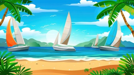 Obraz premium Sailing Sports: Riding the Waves Against a Breathtaking Beach Backdrop