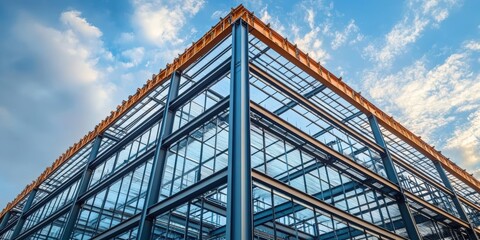 Fototapeta premium Modern Steel Frame Structure Under Construction Against Blue Sky with Clouds Showcasing Innovative Architectural Design and Engineering Techniques
