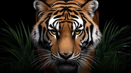 Naklejka premium Powerful Tiger Staring Intently in Greenery