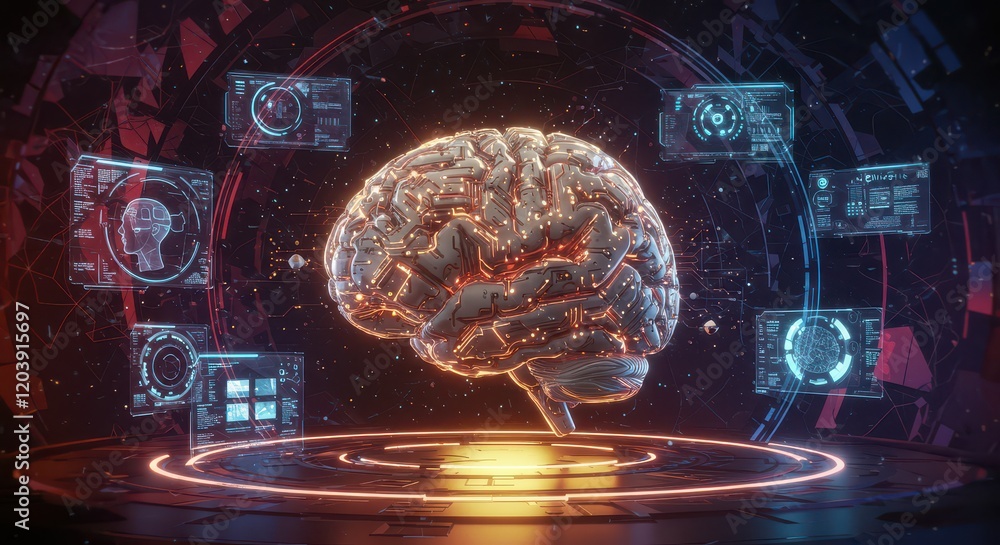 Poster digital brain with circuit, concept of artificial intelligence