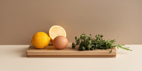 Lemons egg and herbs on wooden board
