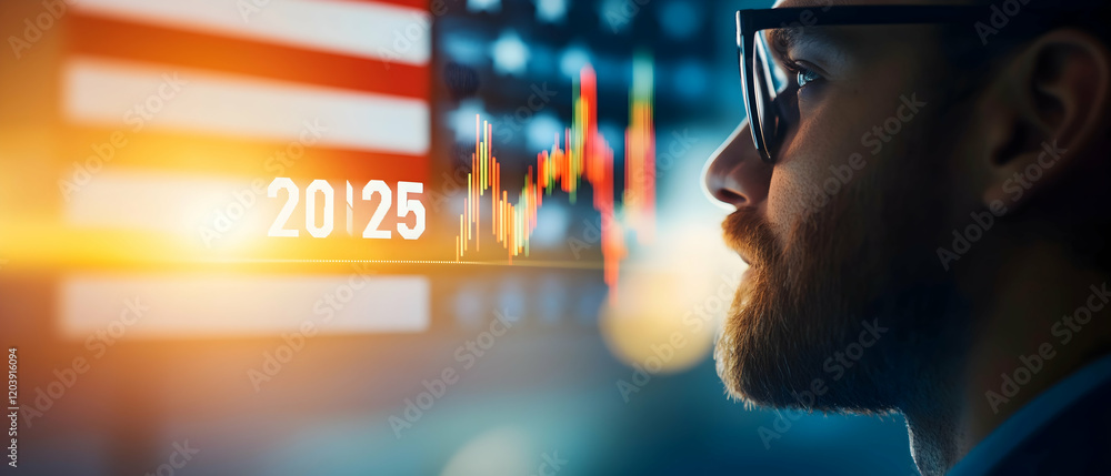 Poster a profile view of a man with glasses, looking at data visualizations and an american flag, symbolizi