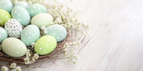 Obraz premium Easter eggs with white dots lying in a decorative nest on white wooden planks, copy space