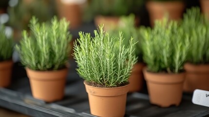 Vibrant Green Rosemary Plants in Terracotta Pots, Nursery Setting