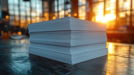 Stack of blank paper on a wooden table with a sunset view through large windows in a cozy workspace