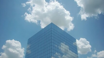 Modern Glass Building against a Blue Sky with Fluffy Clouds