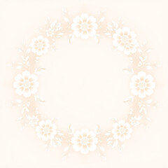 All around, a floral decorative pattern in white and pastel pink tones, symmetrical and harmonious, with a soft background in gradient colors between beige and light pink.