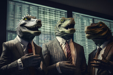 Three reptilian businessmen (lizard people with a business suit) share an evil laugh in front of a stock exchange billboard. Surreal and funny conspiracy theory concept.