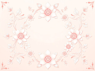 All around, a floral decorative pattern in white and pastel pink tones, symmetrical and harmonious, with a soft background in gradient colors between beige and light pink.