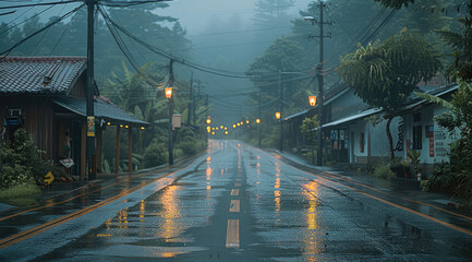 An empty street in Asian rural during heavy rain, with sheets of rain creating a hazy atmosphere and water streaming along the edges of the road. The asphalt glistens softly under the muted glow.