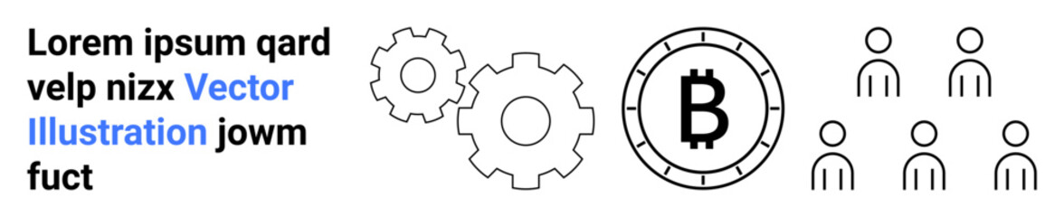 Gears, Bitcoin symbol in coin, and people icons. Themes cryptocurrency, blockchain, business teamwork, finance technology, digital transactions, networking. Ideal for tech presentations