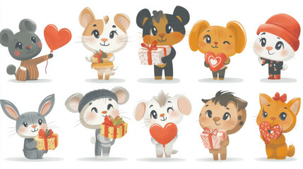 Fototapeta premium Illustration set of adorable animals—cats, dogs, and bunnies—holding heart-shaped balloons and wearing love accessories.