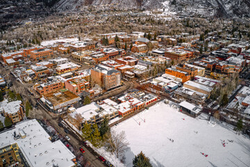 Aerial View of the world famous Colorado Ski Town during Winter