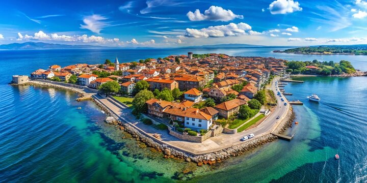 Panoramic Aerial View of Nessebar, Bulgaria: Ancient City & Black Sea Coastline