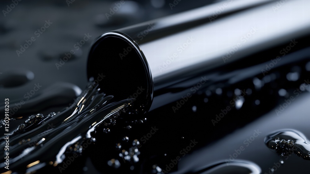 Poster black liquid flowing from a cylindrical pipe onto a glossy surface in a dark setting. generative ai