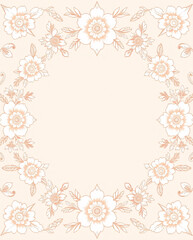 All around, a floral decorative pattern in white and pastel pink tones, symmetrical and harmonious, with a soft background in gradient colors between beige and light pink.