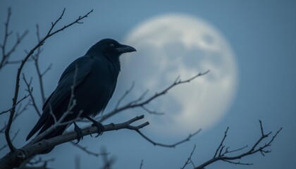 Raven Silhouetted Against Full Moon on a Bare Branch in a Mysterious Night Setting, Capturing an Eerie and Atmospheric Scene