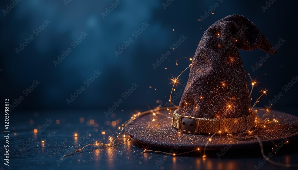 Poster dark-colored pointed wizard hat with glowing lights on a starry background