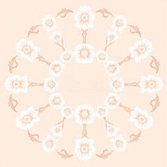 All around, a floral decorative pattern in white and pastel pink tones, symmetrical and harmonious, with a soft background in gradient colors between beige and light pink.