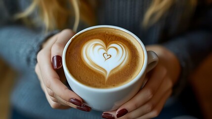 A professional woman enjoying a coffee break with heart latte art, smiling at a sweet message on her laptop