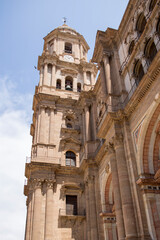 Bell tower of the Cathedral of the Incarnation of Malaga, Spain. The basilica is one of the most...