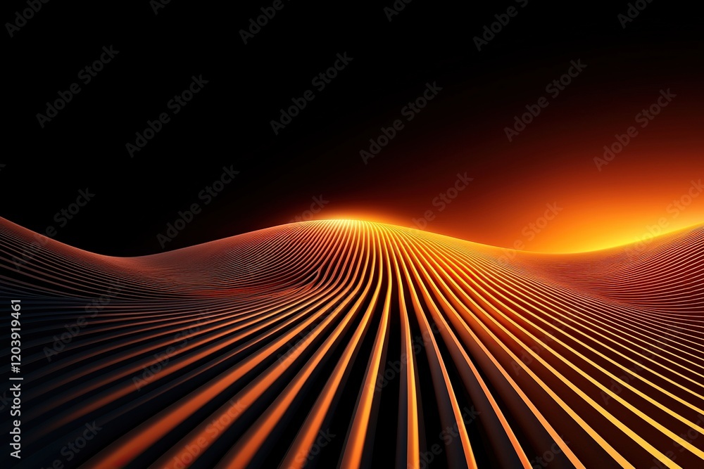 Poster abstract landscape featuring wavy lines illuminated by a warm orange glow against a dark background,