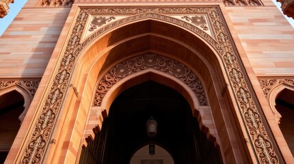 Obraz premium beautifully intricate gate at Hassan II Mosque in Casablanca, Morocco. Seamless color blending creates a dramatic upward perspective