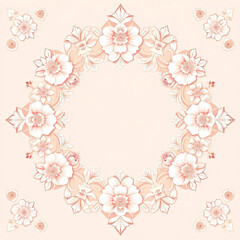All around, a floral decorative pattern in white and pastel pink tones, symmetrical and harmonious, with a soft background in gradient colors between beige and light pink.
