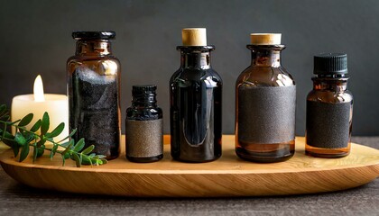 Aromatic Oils in Glass Bottles on Wooden Tray