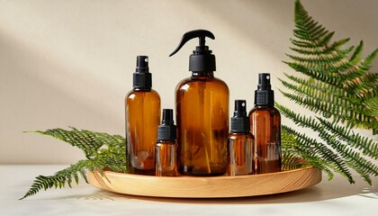 Amber Bottles on Wooden Tray with Ferns