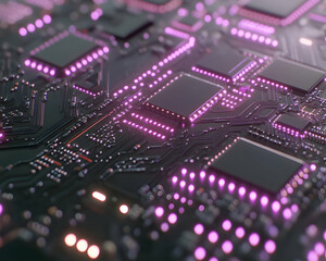 Obraz premium Close-up view of a circuit board with glowing pink LEDs, showcasing intricate technological details. Perfect for tech, innovation, and futuristic concepts.