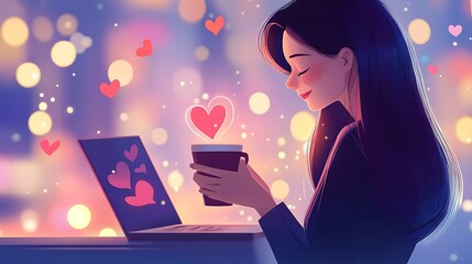A relaxed businesswoman holding a latte with heart art, taking a moment to enjoy a romantic message on her laptop