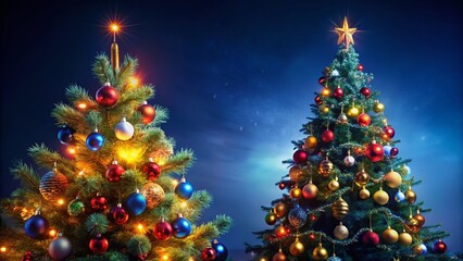 Fototapeta premium Panoramic Colorful Christmas Tree on Dark Blue Background - Festive Holiday Stock Photo