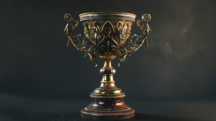 An ornate gold trophy sits on a dark surface against a deep gray background