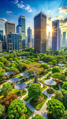 Fototapeta premium A sprawling park nestled in the middle of a busy city, filled with solar-powered glowing plants