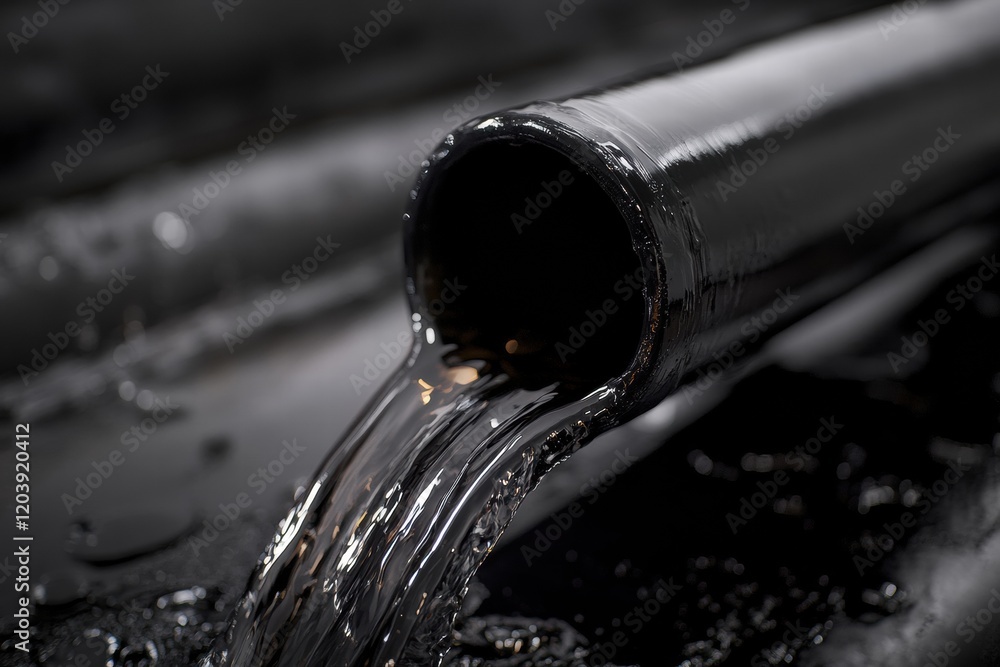 Aufkleber black pipe pouring water onto a dark surface in a controlled environment showcasing fluid dynamics. 