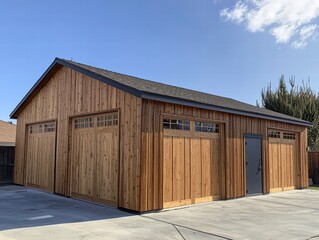 Fototapeta premium Rustic Three-Car Garage: A charming three-car garage boasts a rustic design with cedar wood siding, dark gray roof, and two large carriage-style garage doors. Perfect for storage or workshops.