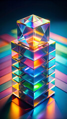 A stack of floating, semi-transparent prisms, each slightly rotated and glowing faintly, creating layers of overlapping colors and shadows