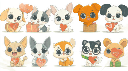 Illustration set of adorable animals—cats, dogs, and bunnies—holding heart-shaped balloons and wearing love accessories.