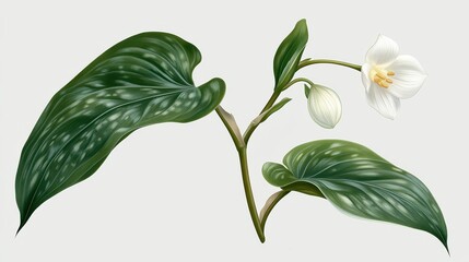 Elegant White Flower with Spotted Leaves Botanical Illustration