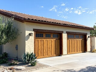 Rustic Charm: Two sleek and modern double garage doors, with a woodgrain finish, blend seamlessly with a stucco home in a desert landscape.